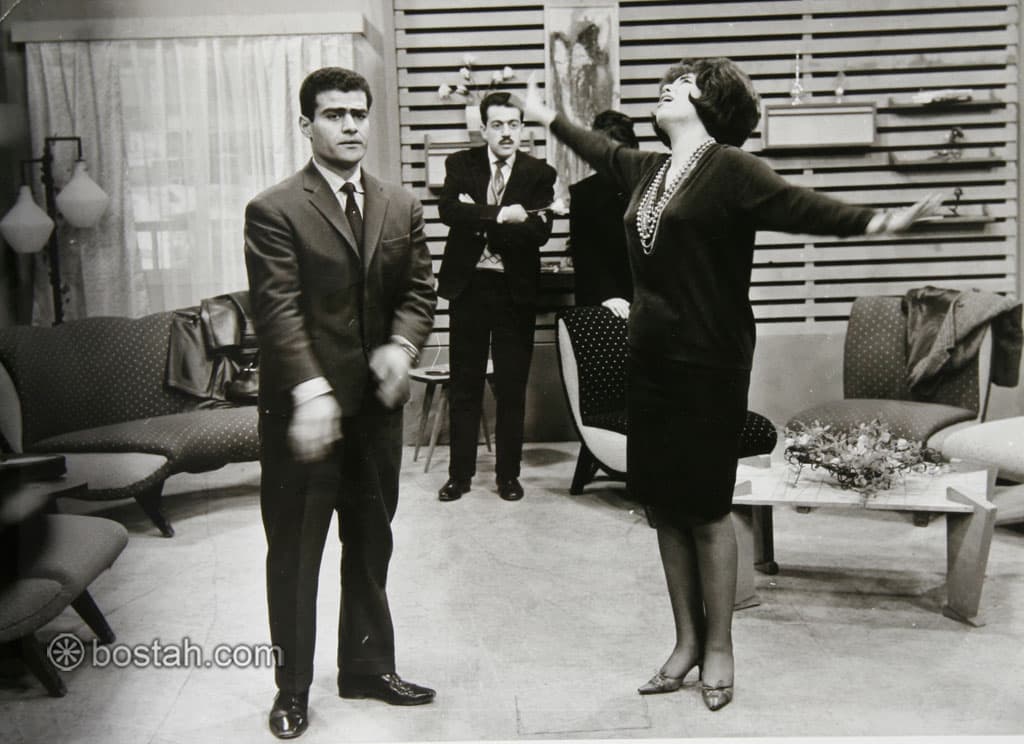 مشهد من المسرحية التلفزيونية أصحاب السعادة الزوجية، مع محمود جبر، ويوسف شويري، (تأليف توفيق الحكيم، إخراج محمد شاهين1963)